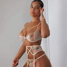 Load image into Gallery viewer, Lace Hollow Out Wire Bra Thong Garters Suspender 3Pc Set