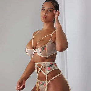 Lace Hollow Out Wire Bra Thong Garters Suspender 3Pc Set