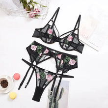 Load image into Gallery viewer, Lace Hollow Out Wire Bra Thong Garters Suspender 3Pc Set