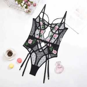 Lace Hollow Out Wire Bra Thong Garters Suspender 3Pc Set
