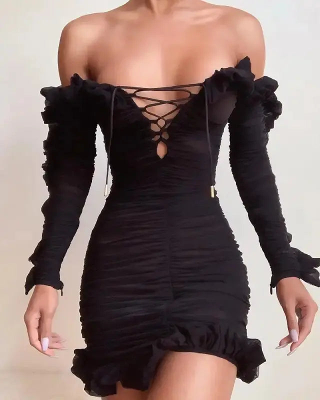 Lace-Up Off Shoulder Ruffles Ruched Dress
