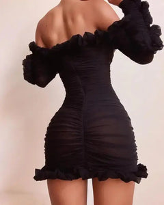 Lace-Up Off Shoulder Ruffles Ruched Dress