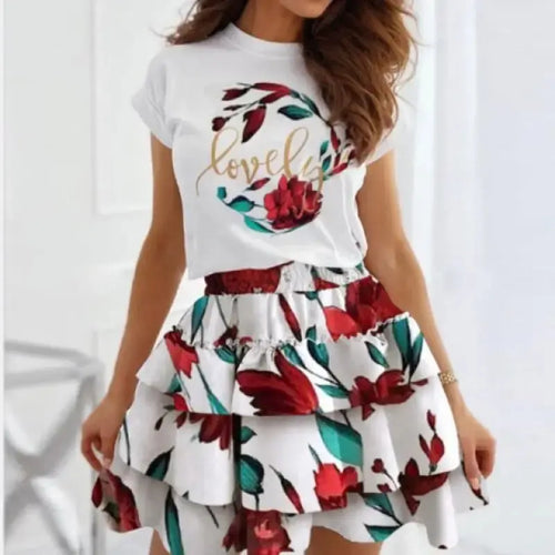 Letter Floral Print Casual Top & Layered Skirt Set