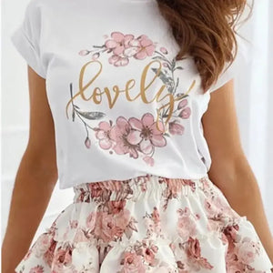 Letter Floral Print Casual Top & Layered Skirt Set