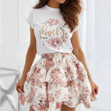 Load image into Gallery viewer, Letter Floral Print Casual Top &amp; Layered Skirt Set