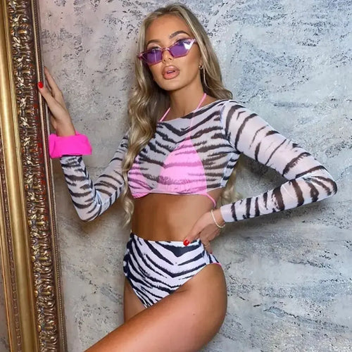 Long Sleeve Beach Cover Up Zebra Print Three Piece Swimsuit