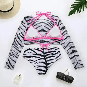 Long Sleeve Beach Cover Up Zebra Print Three Piece Swimsuit