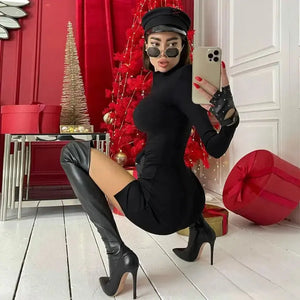 Long Sleeve Solid Turtleneck Cut Out Mini Dress