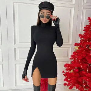 Long Sleeve Solid Turtleneck Cut Out Mini Dress