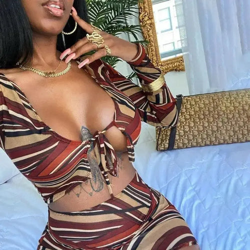 Long Sleeve Tie Front Top and Skirt Set