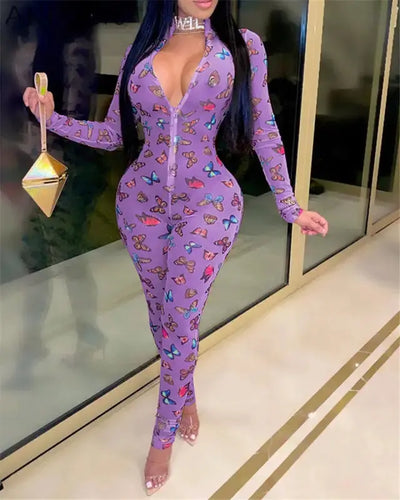 Mesh Butterfly Print Zipper Detail Long Sleeve Skinny Jumpsuit