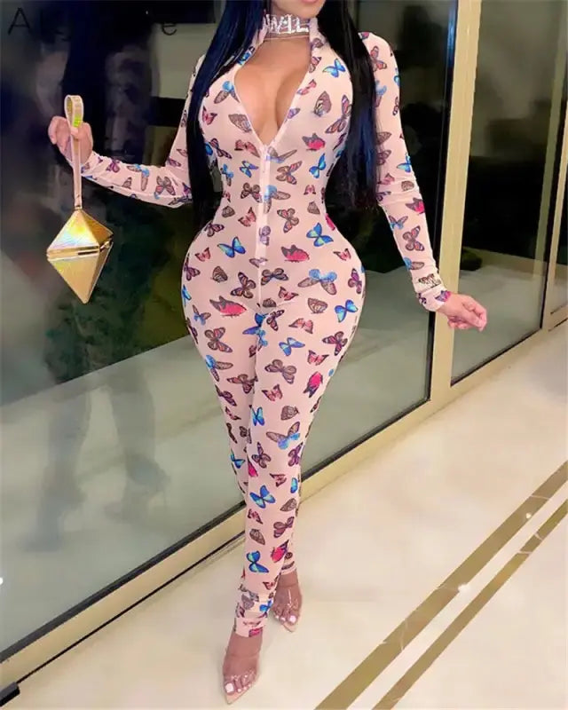 Mesh Butterfly Print Zipper Detail Long Sleeve Skinny Jumpsuit