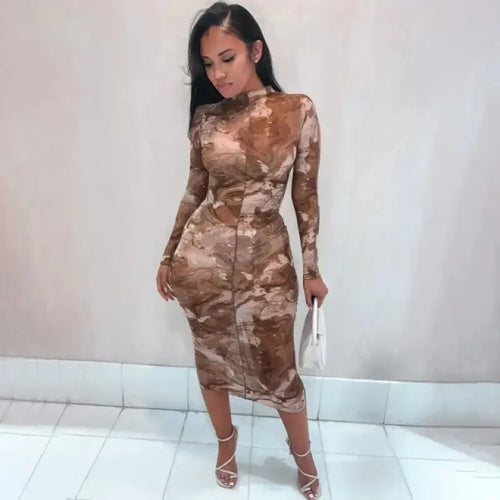 Mesh Long Sleeve Midi Patchwork Sheer Dress
