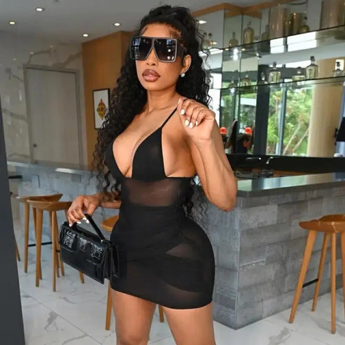 Mesh Patchwork Halter Sheer Bodysuit & Mini Skirt Set