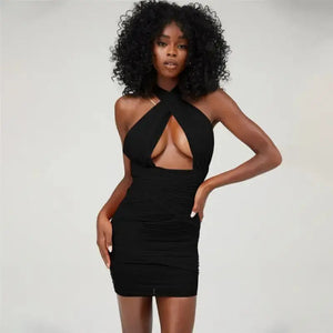 Mesh See Through Criss-Cross Halter Dress