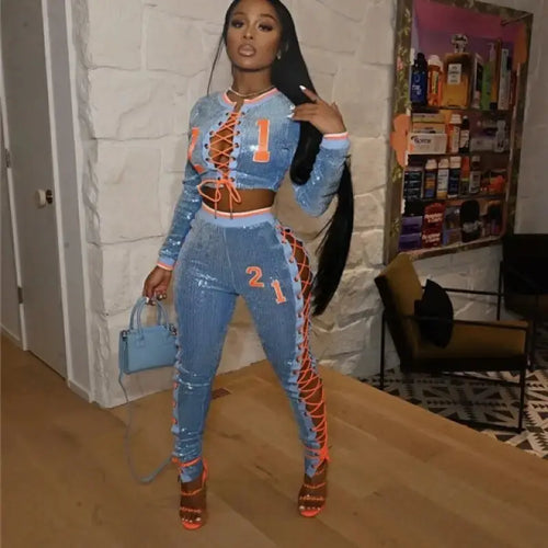 Number Embroidery Lace Up Sequins Two Piece Set