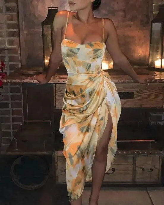 ORANGE TIE DYE RUCHED SIDE MIDI Dress