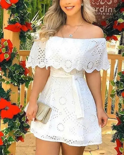Off Shoulder Broderie Lace Mini Dress