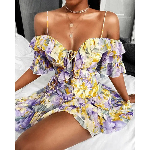 Off Shoulder Floral Print Ruffled Lace-up Dress