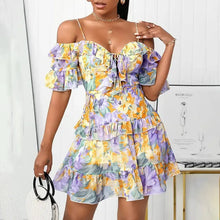 Load image into Gallery viewer, Off Shoulder Floral Print Ruffled Lace-up Dress
