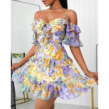 Load image into Gallery viewer, Off Shoulder Floral Print Ruffled Lace-up Dress