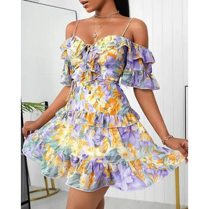 Off Shoulder Floral Print Ruffled Lace-up Dress