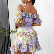 Load image into Gallery viewer, Off Shoulder Floral Print Ruffled Lace-up Dress