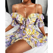 Load image into Gallery viewer, Off Shoulder Floral Print Ruffled Lace-up Dress