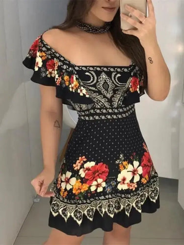 Off Shoulder Floral Print Ruffles Dress