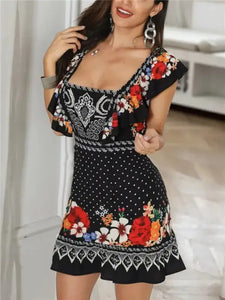Off Shoulder Floral Print Ruffles Dress