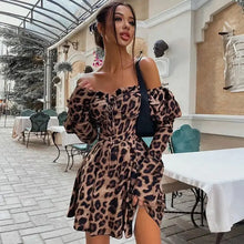 Load image into Gallery viewer, Off Shoulder Leopard Print Lantern Sleeve Bodycon Dress