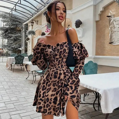 Off Shoulder Leopard Print Lantern Sleeve Bodycon Dress