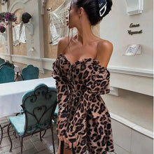 Load image into Gallery viewer, Off Shoulder Leopard Print Lantern Sleeve Bodycon Dress
