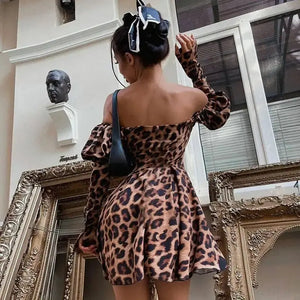 Off Shoulder Leopard Print Lantern Sleeve Bodycon Dress