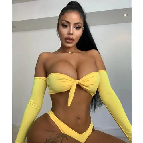 Off Shoulder Long Sleeve Bow-Knot Push Up Bathing Suit