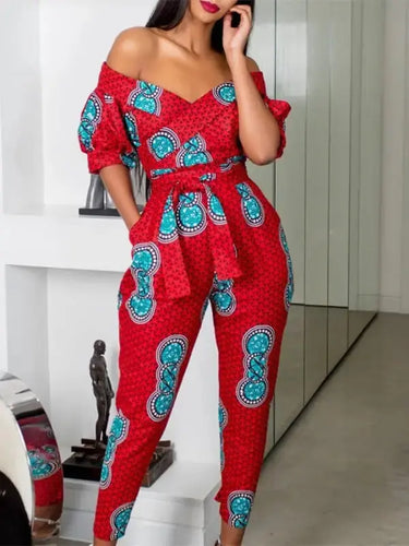 Off Shoulder Puffed Sleeve Print Jumpsuits
