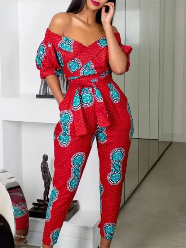 Off Shoulder Puffed Sleeve Print Jumpsuits