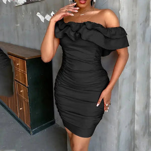 Off Shoulder Ruched Ruffles Bodycon Dress