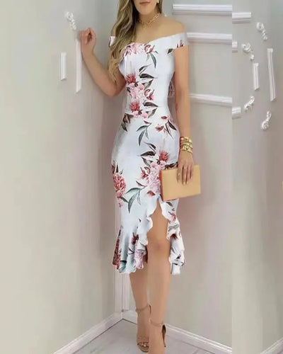 Off Shoulder Ruffled Floral Bodycon Dress
