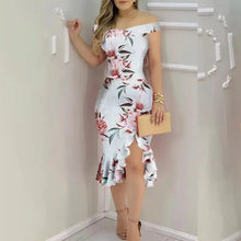 Load image into Gallery viewer, Off Shoulder Ruffled Floral Bodycon Dress