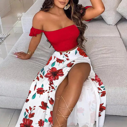 Off Shoulder Ruffles Top & Floral Print High Slit Skirt Set