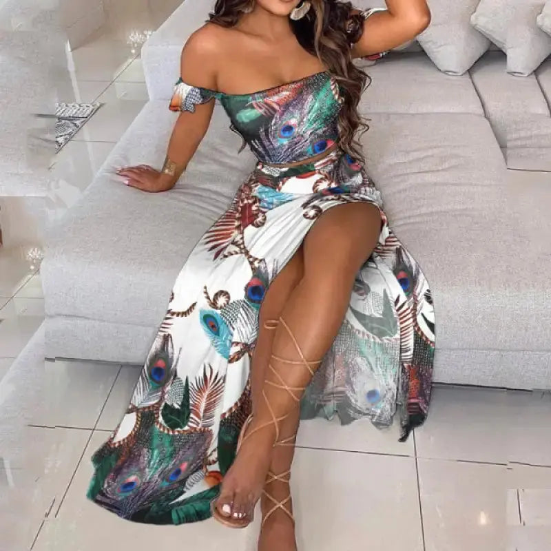 Off Shoulder Ruffles Top & Floral Print High Slit Skirt Set