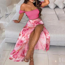 Load image into Gallery viewer, Off Shoulder Ruffles Top &amp; Floral Print High Slit Skirt Set