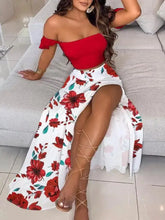 Load image into Gallery viewer, Off Shoulder Ruffles Top &amp; Floral Print High Slit Skirt Set