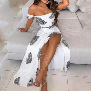 Off Shoulder Ruffles Top & Floral Print High Slit Skirt Set