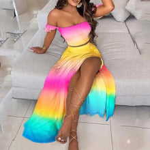Load image into Gallery viewer, Off Shoulder Ruffles Top &amp; Floral Print High Slit Skirt Set