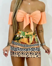 Load image into Gallery viewer, Off Shoulder Tie Front Top &amp; Tropical Print Colorblock Skirt Set