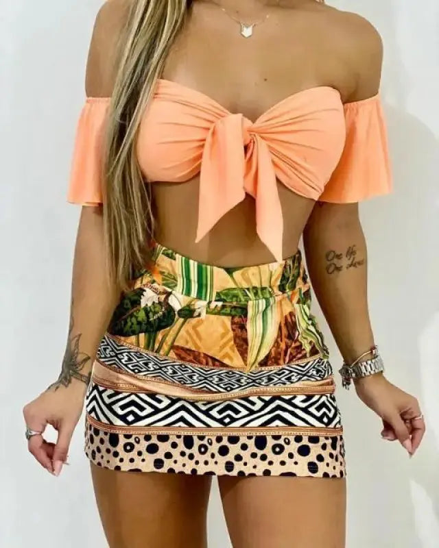 Off Shoulder Tie Front Top & Tropical Print Colorblock Skirt Set