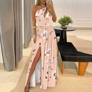 Ombre One Shoulder Cutout Slit Thigh Maxi Dress