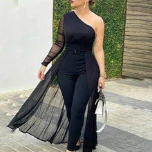 Load image into Gallery viewer, One Shoulder Plain Sheer Mesh Jumpsuit